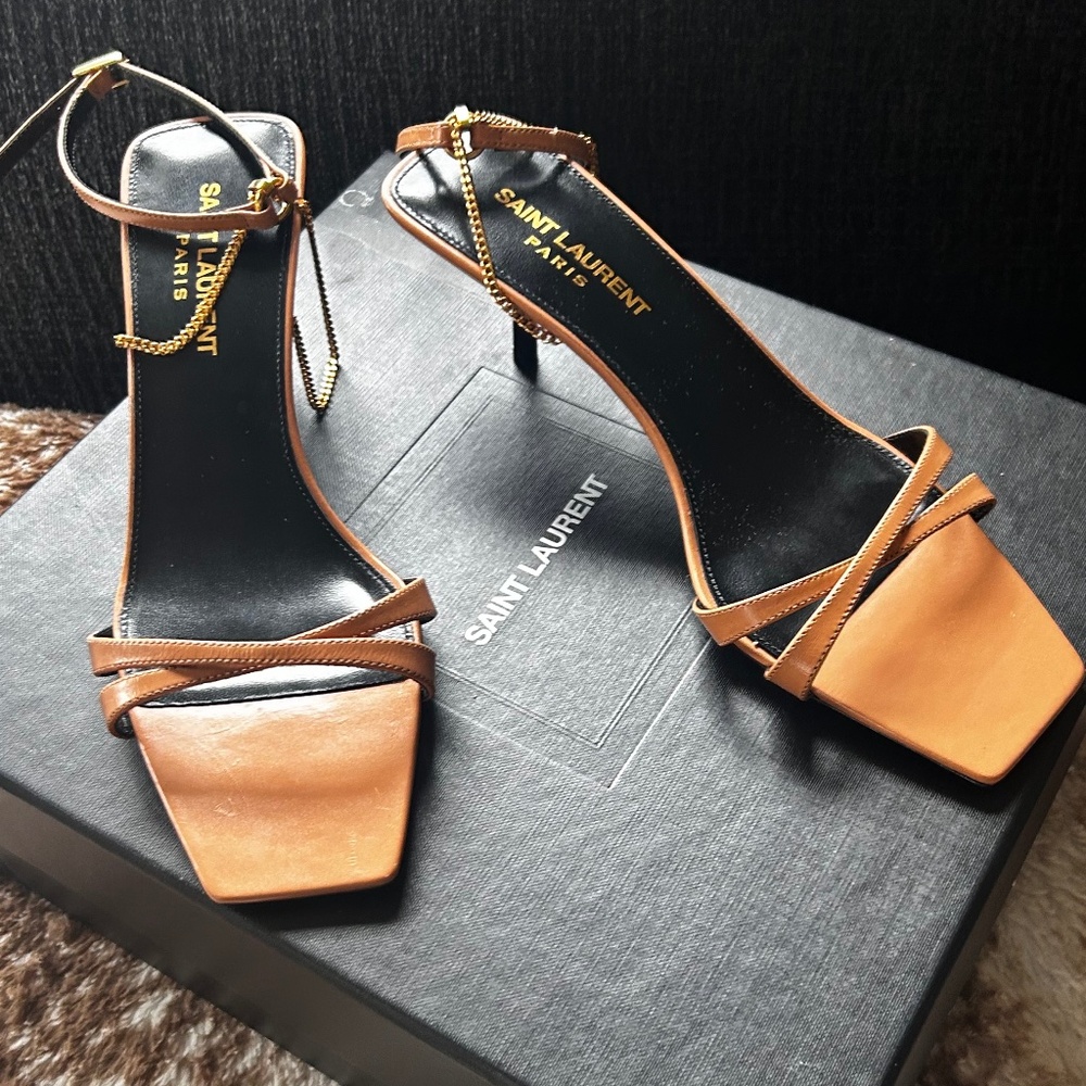 Size 6 Saint Laurent kitten heel ankle strap chain women’s heels camel beige